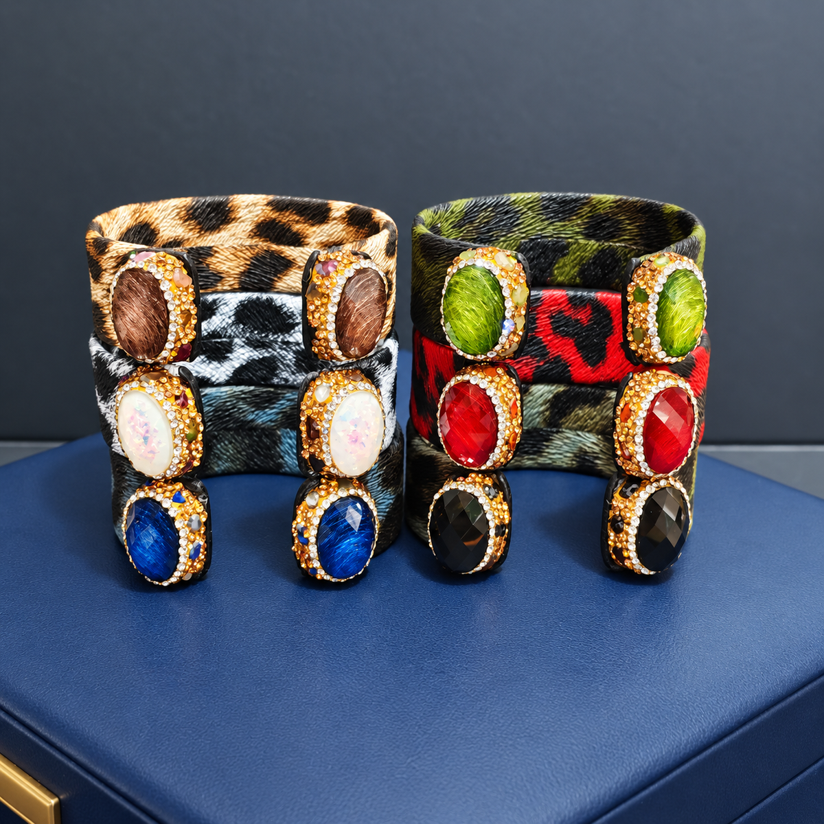 New Arrival Leopard‑Print Leather Natural Crystal Rhinestone‑Inlaid Bangle