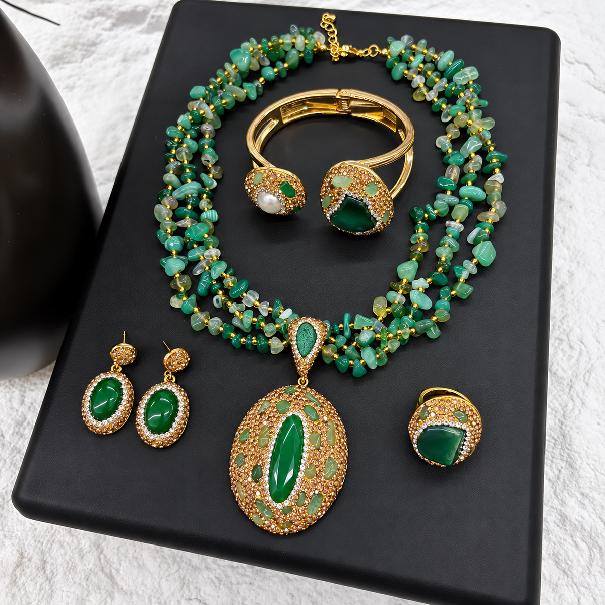 Wholesale Copper Gold‑Plated 4‑Piece Jewelry Set, Natural Stone Crystal Full Rhinestone Inlay, Necklace, Bangle, Earrings, Ring