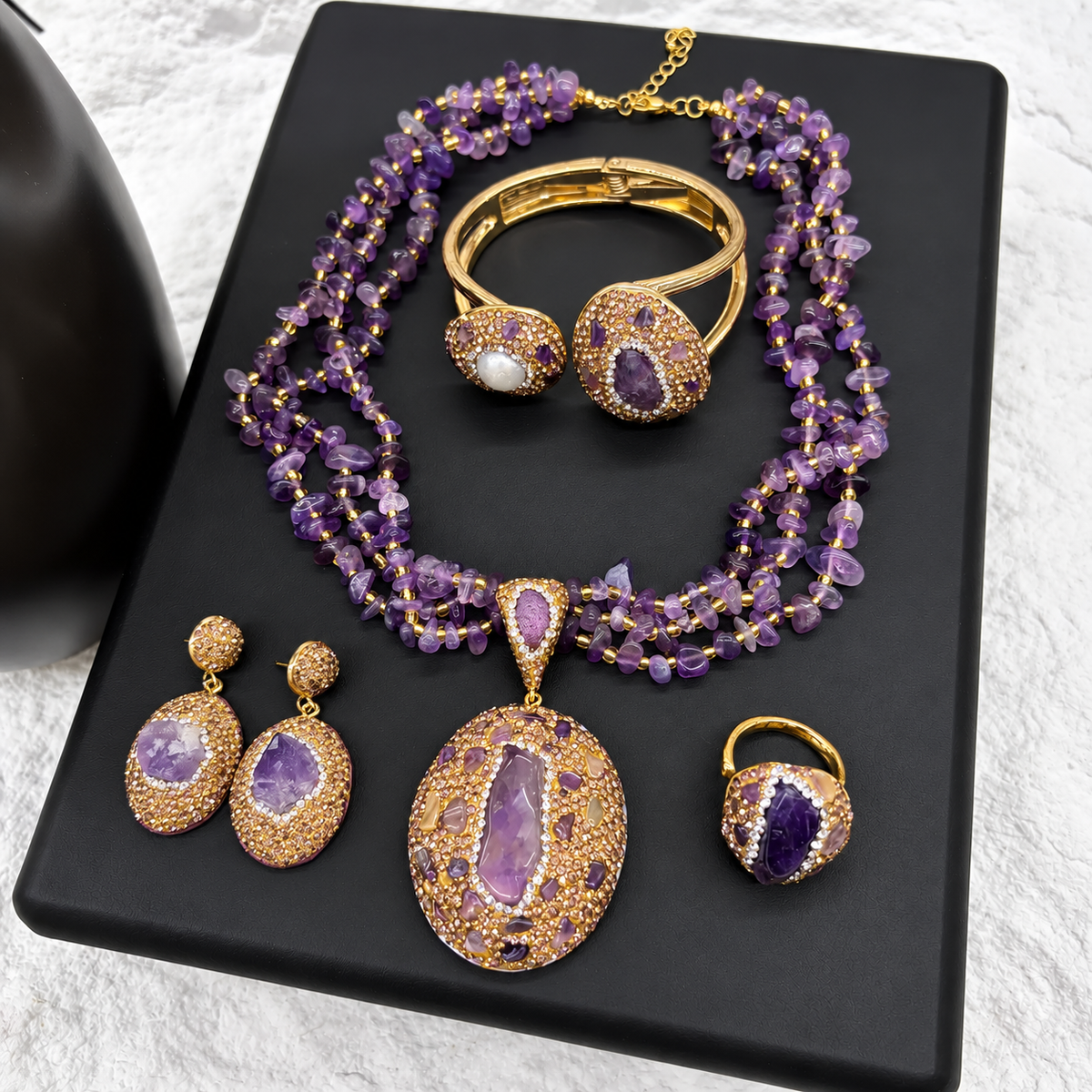 Wholesale Copper Gold‑Plated 4‑Piece Jewelry Set, Natural Stone Crystal Full Rhinestone Inlay, Necklace, Bangle, Earrings, Ring