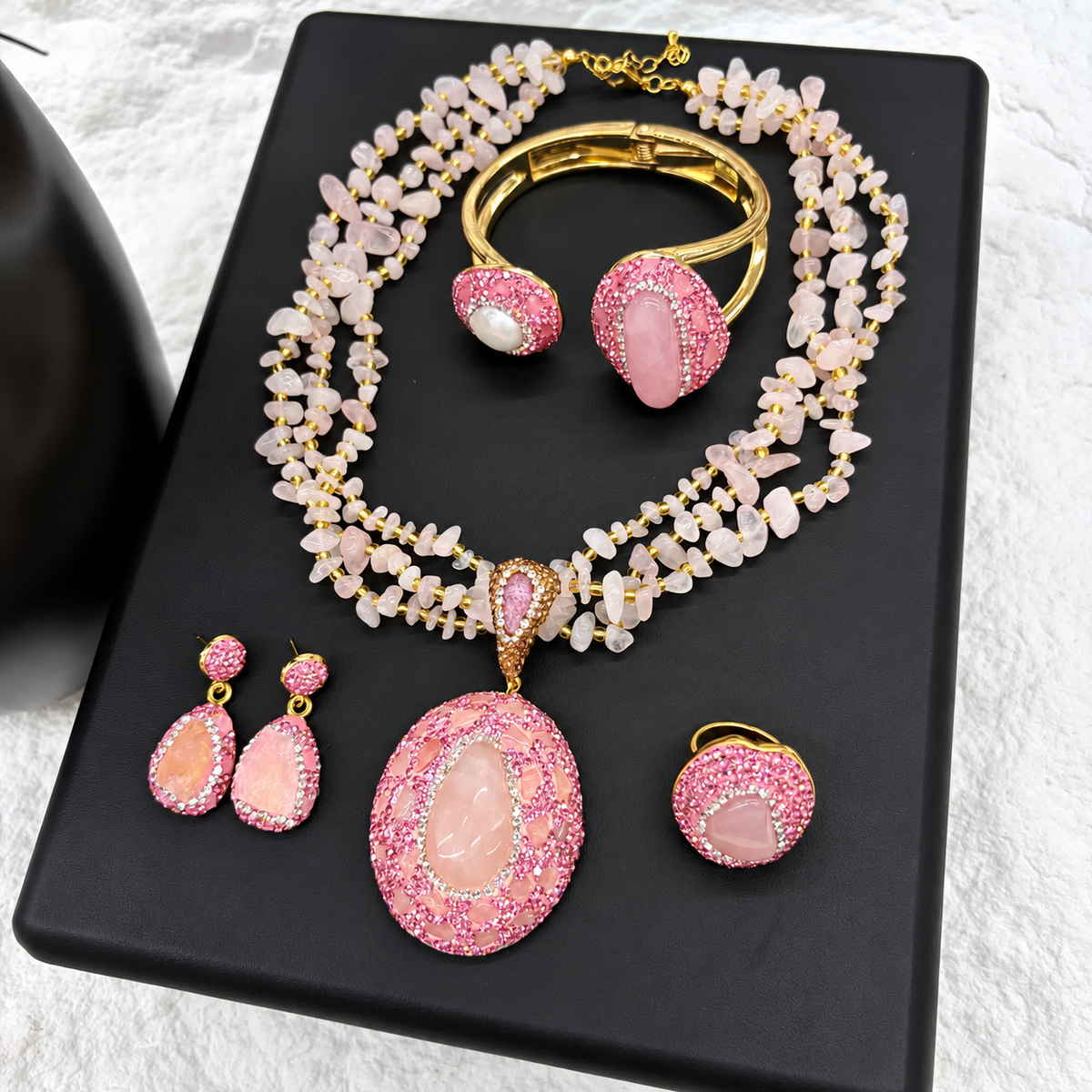 Wholesale Copper Gold‑Plated 4‑Piece Jewelry Set, Natural Stone Crystal Full Rhinestone Inlay, Necklace, Bangle, Earrings, Ring