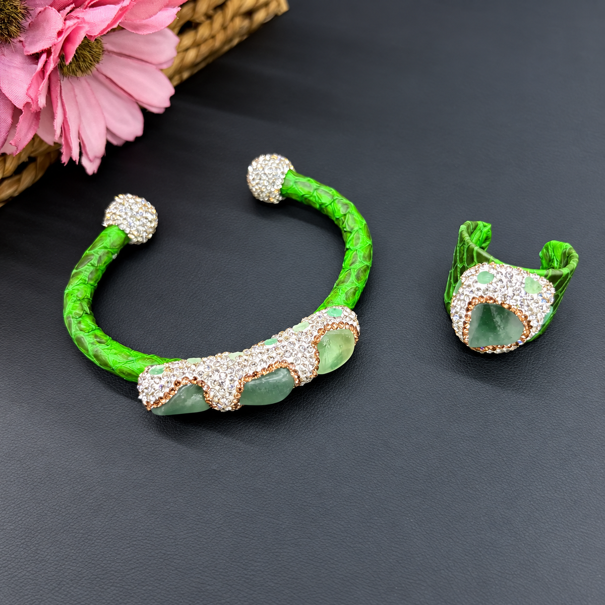 Crystal Rhinestone Copper Bangle & Ring 2‑Piece Set, High‑End Elegant Adjustable Open‑Cuff Jewelry, Eco‑Friendly Electroplated（副本）