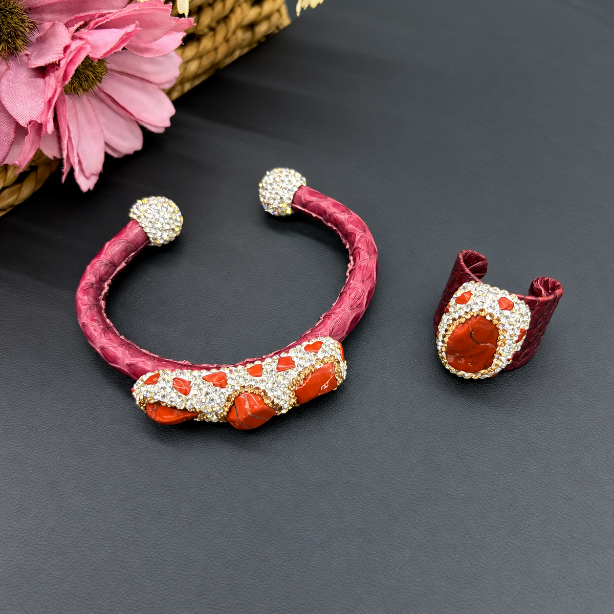 Crystal Rhinestone Copper Bangle & Ring 2‑Piece Set, High‑End Elegant Adjustable Open‑Cuff Jewelry, Eco‑Friendly Electroplated（副本）