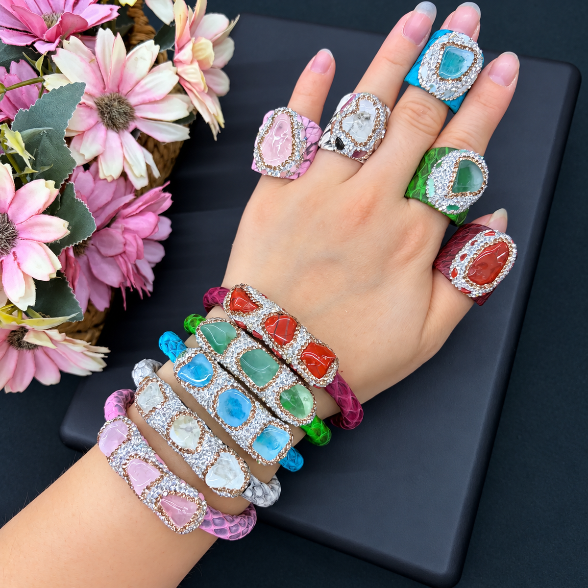 Crystal Rhinestone Copper Bangle & Ring 2‑Piece Set, High‑End Elegant Adjustable Open‑Cuff Jewelry, Eco‑Friendly Electroplated（副本）