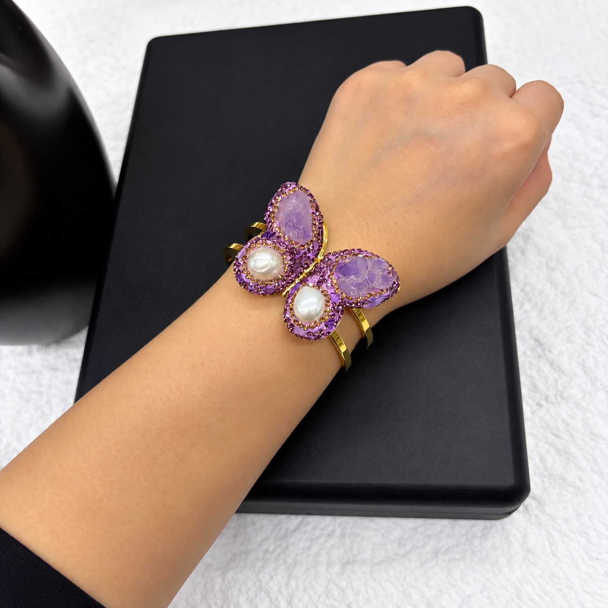 New Arrival, Copper Gold‑Plated Butterfly Bangle With Natural Crystal & Paved Rhinestones