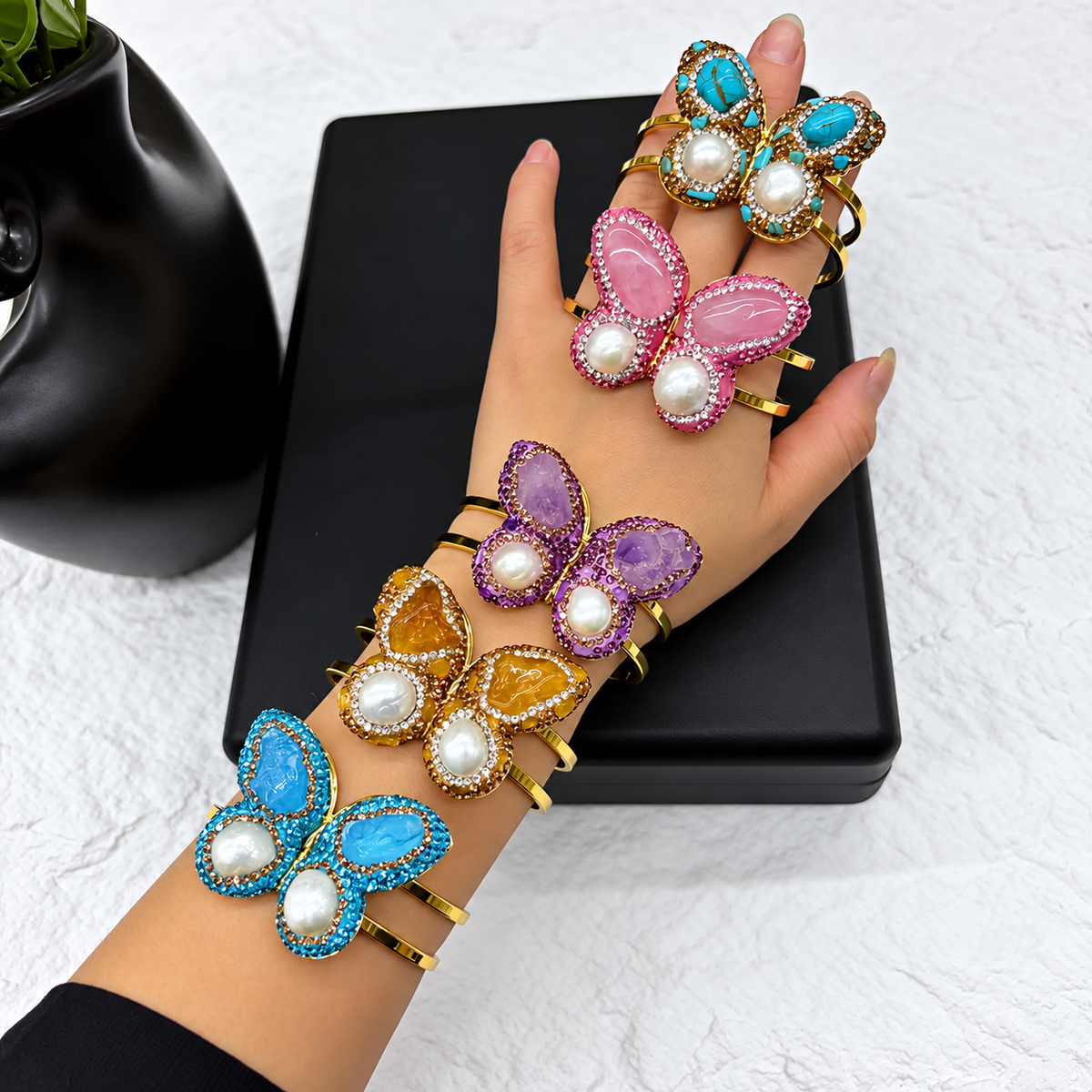 New Arrival, Copper Gold‑Plated Butterfly Bangle With Natural Crystal & Paved Rhinestones