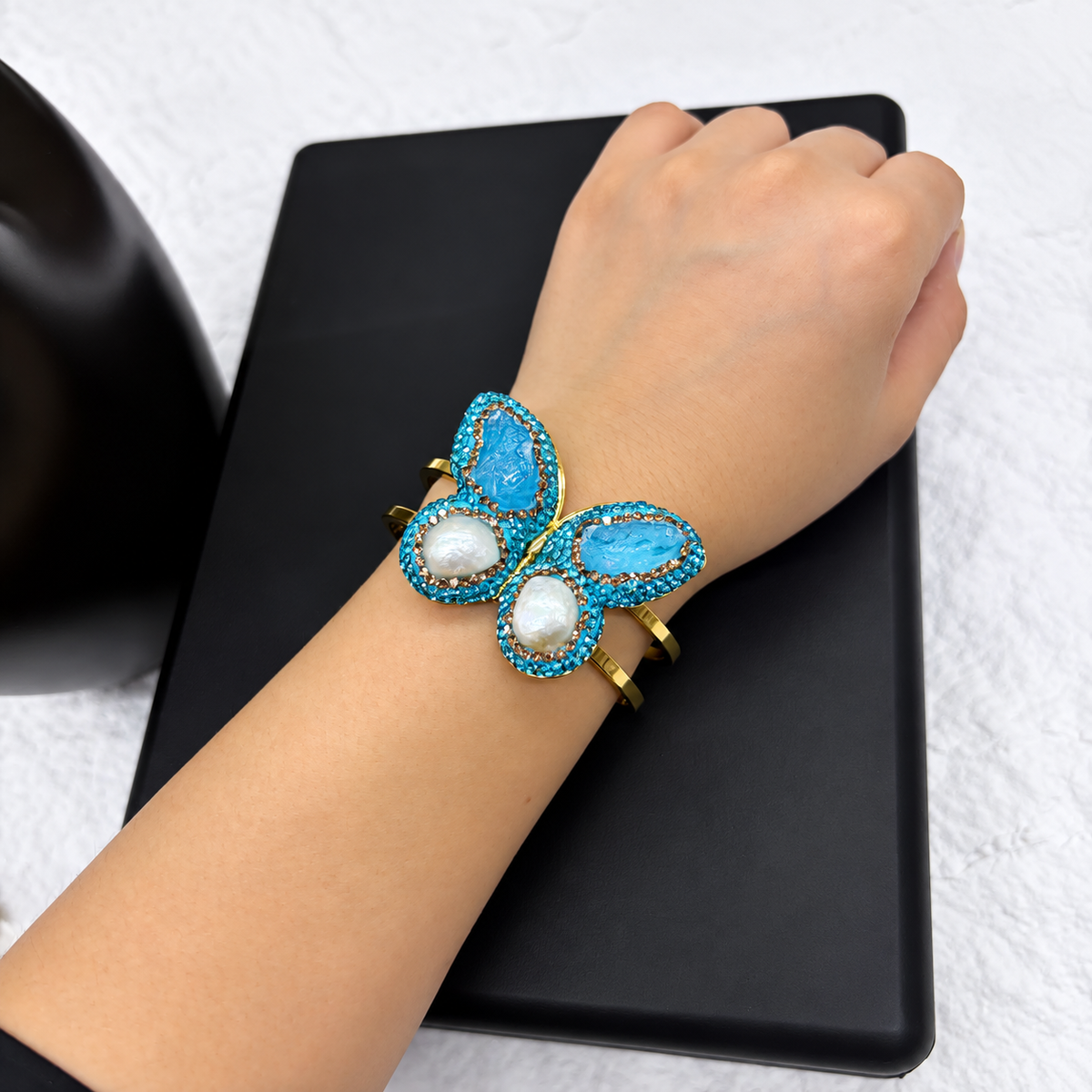 New Arrival, Copper Gold‑Plated Butterfly Bangle With Natural Crystal & Paved Rhinestones