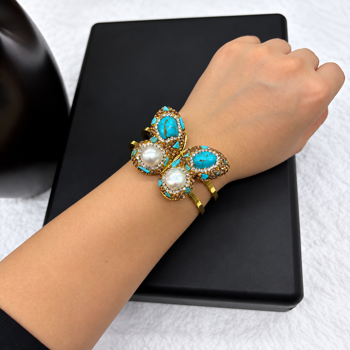 New Arrival, Copper Gold‑Plated Butterfly Bangle With Natural Crystal & Paved Rhinestones