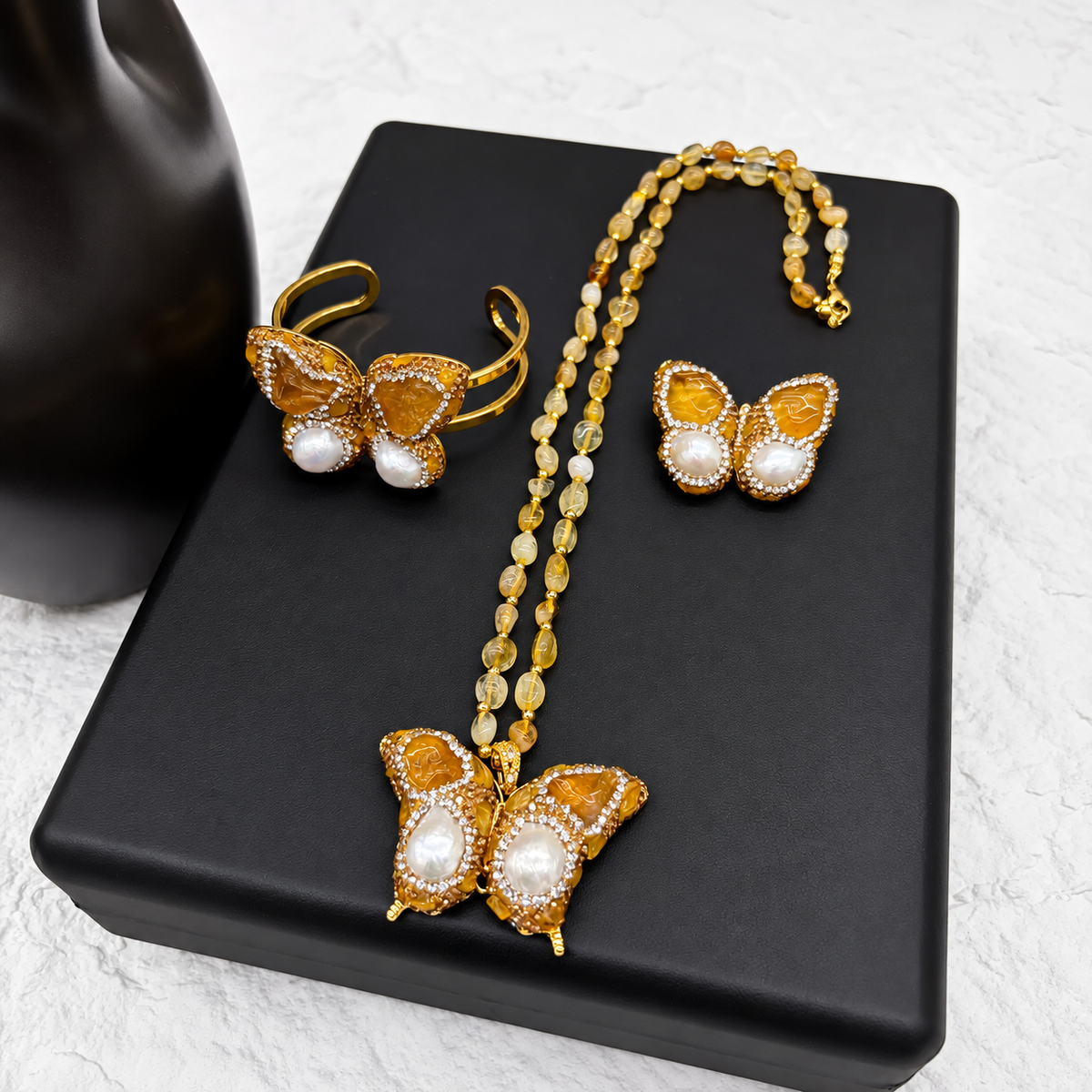 New Arrival, Copper Gold‑Plated Butterfly 3‑Piece Jewelry Set: Bangle, Necklace & Ring With Natural Crystal & Paved Rhinestones
