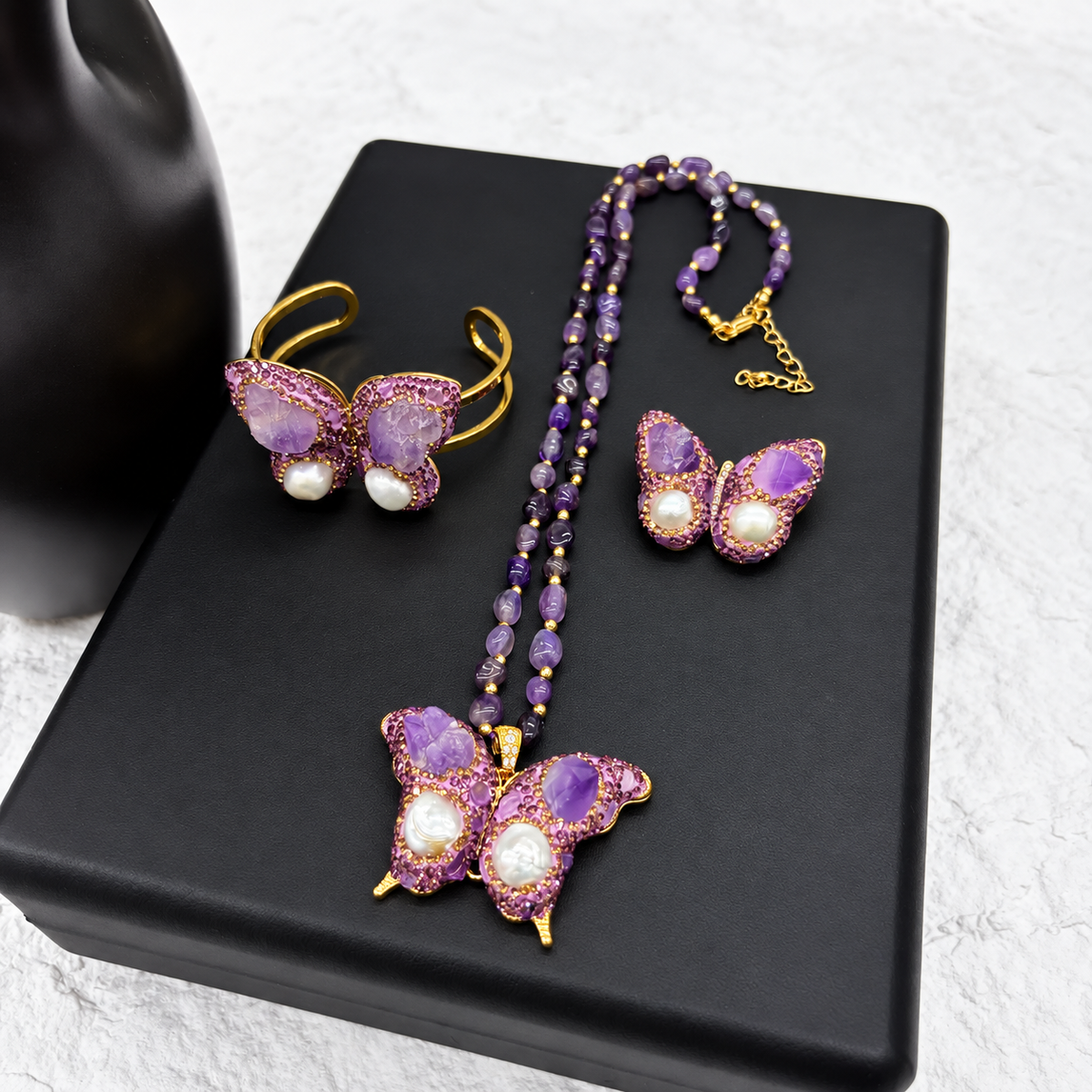 New Arrival, Copper Gold‑Plated Butterfly 3‑Piece Jewelry Set: Bangle, Necklace & Ring With Natural Crystal & Paved Rhinestones