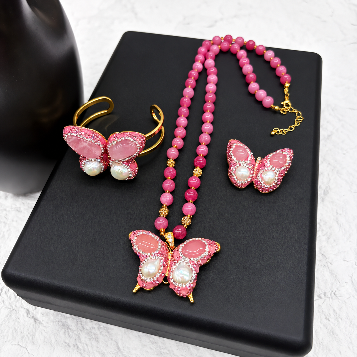 New Arrival, Copper Gold‑Plated Butterfly 3‑Piece Jewelry Set: Bangle, Necklace & Ring With Natural Crystal & Paved Rhinestones