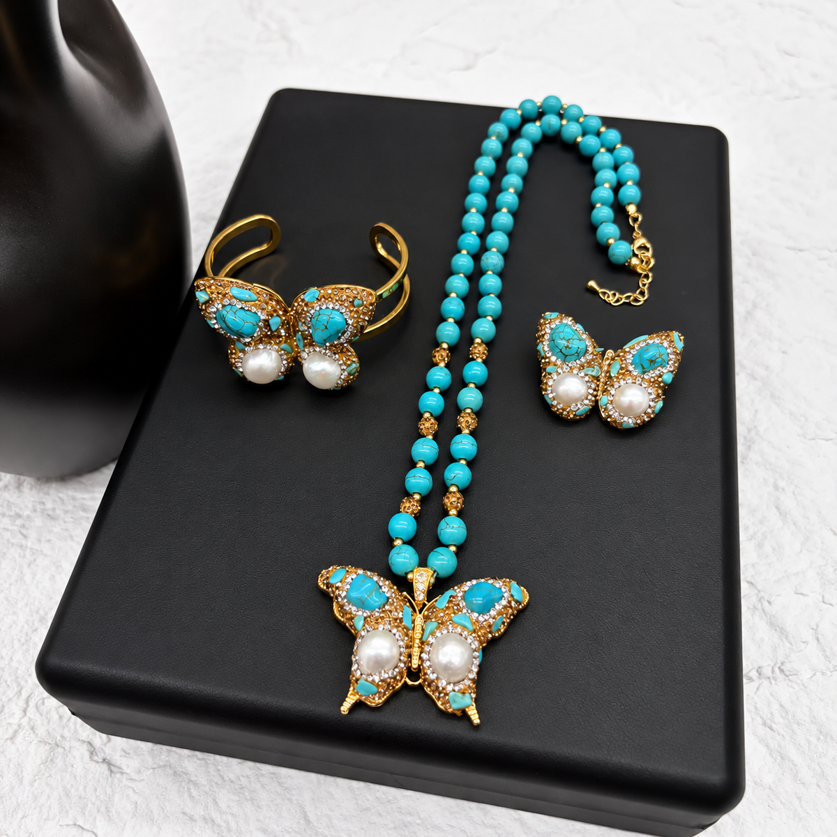 New Arrival, Copper Gold‑Plated Butterfly 3‑Piece Jewelry Set: Bangle, Necklace & Ring With Natural Crystal & Paved Rhinestones