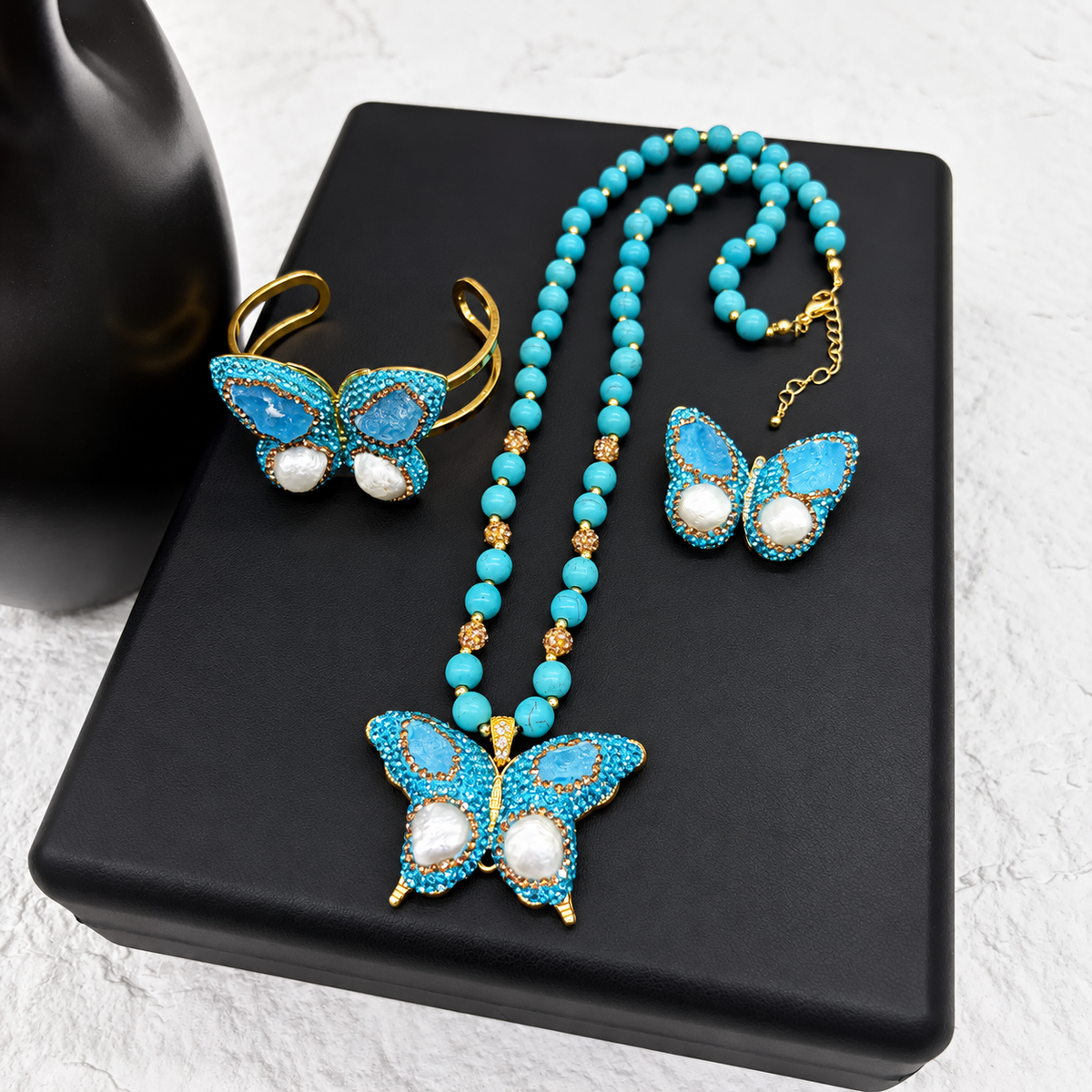 New Arrival, Copper Gold‑Plated Butterfly 3‑Piece Jewelry Set: Bangle, Necklace & Ring With Natural Crystal & Paved Rhinestones