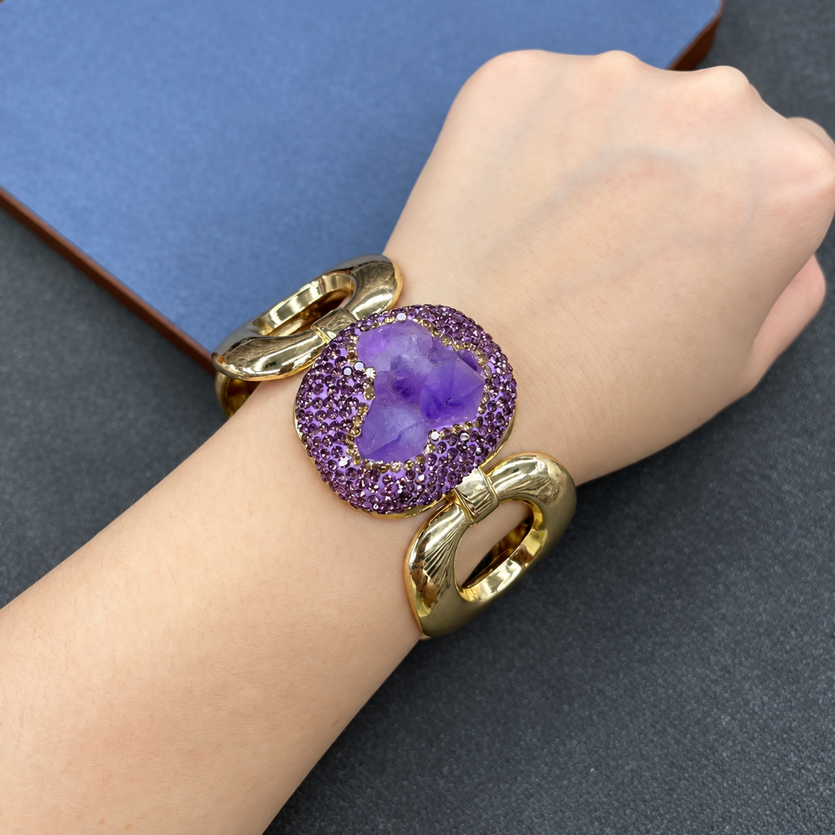 Copper Gold‑Plated Bangle With Natural Crystal & Paved Rhinestones