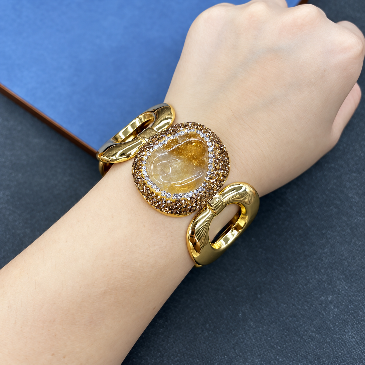 Copper Gold‑Plated Bangle With Natural Crystal & Paved Rhinestones