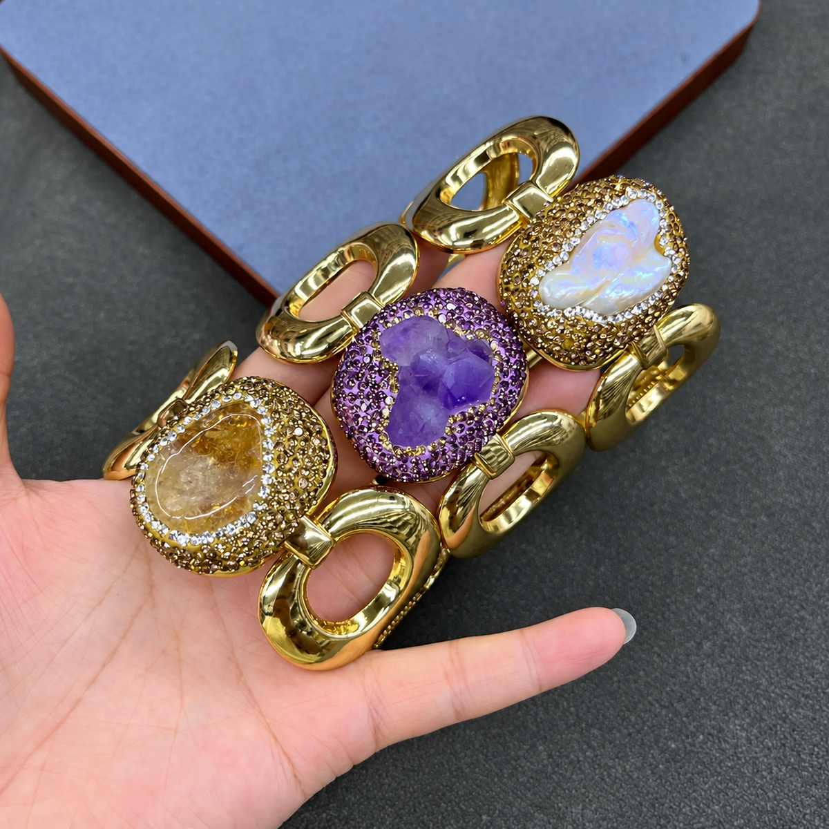 Copper Gold‑Plated Bangle With Natural Crystal & Paved Rhinestones