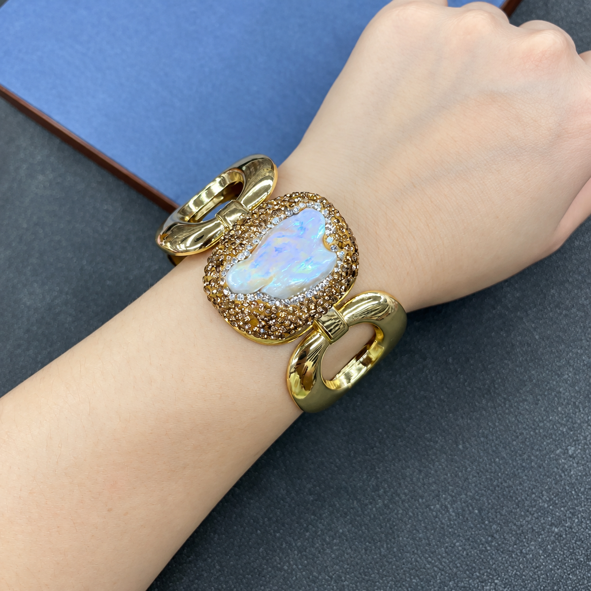 Copper Gold‑Plated Bangle With Natural Crystal & Paved Rhinestones