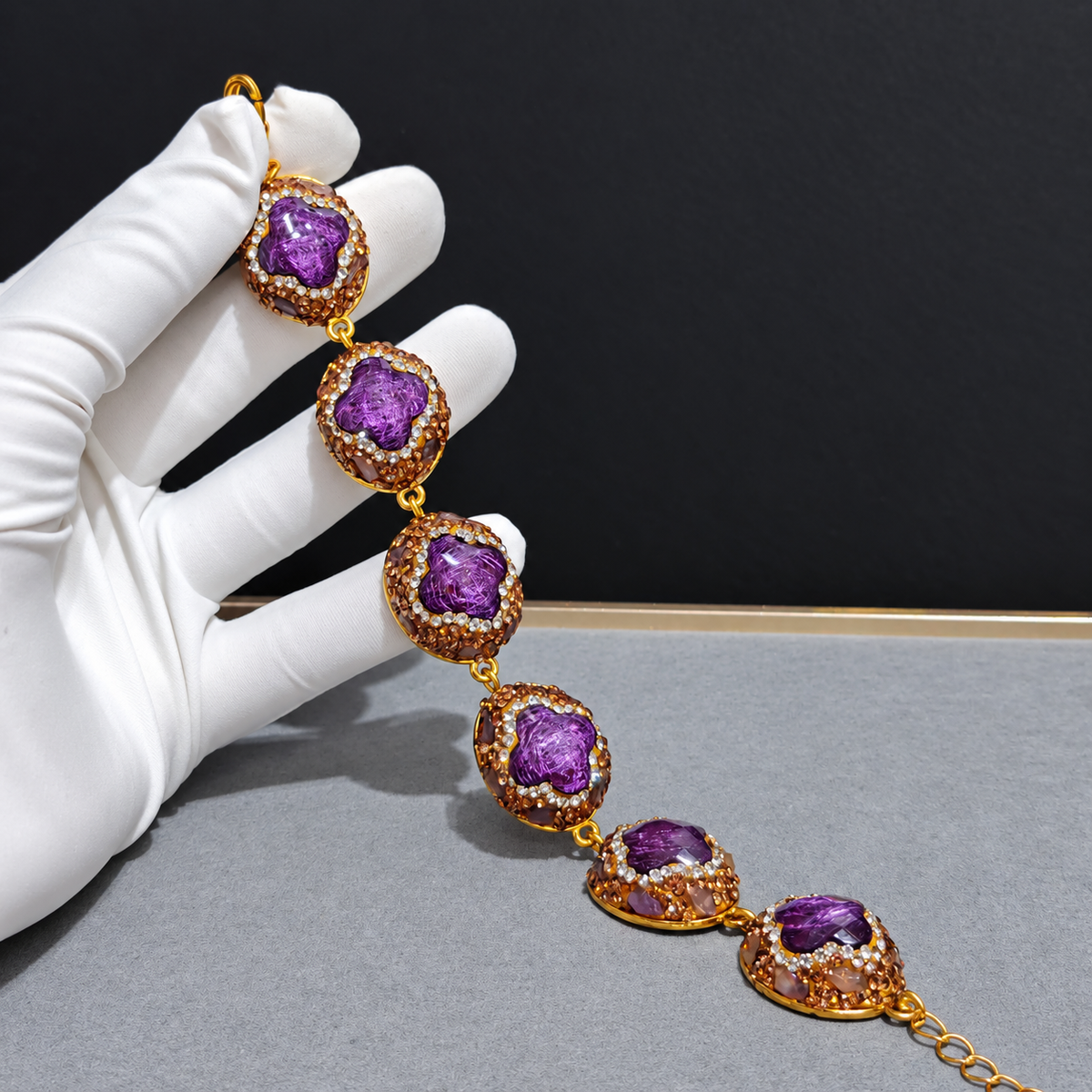 Wholesale Gold‑Plated Clover Shape Natural Stone Full Rhinestone Bracelet, Multi‑Color Available