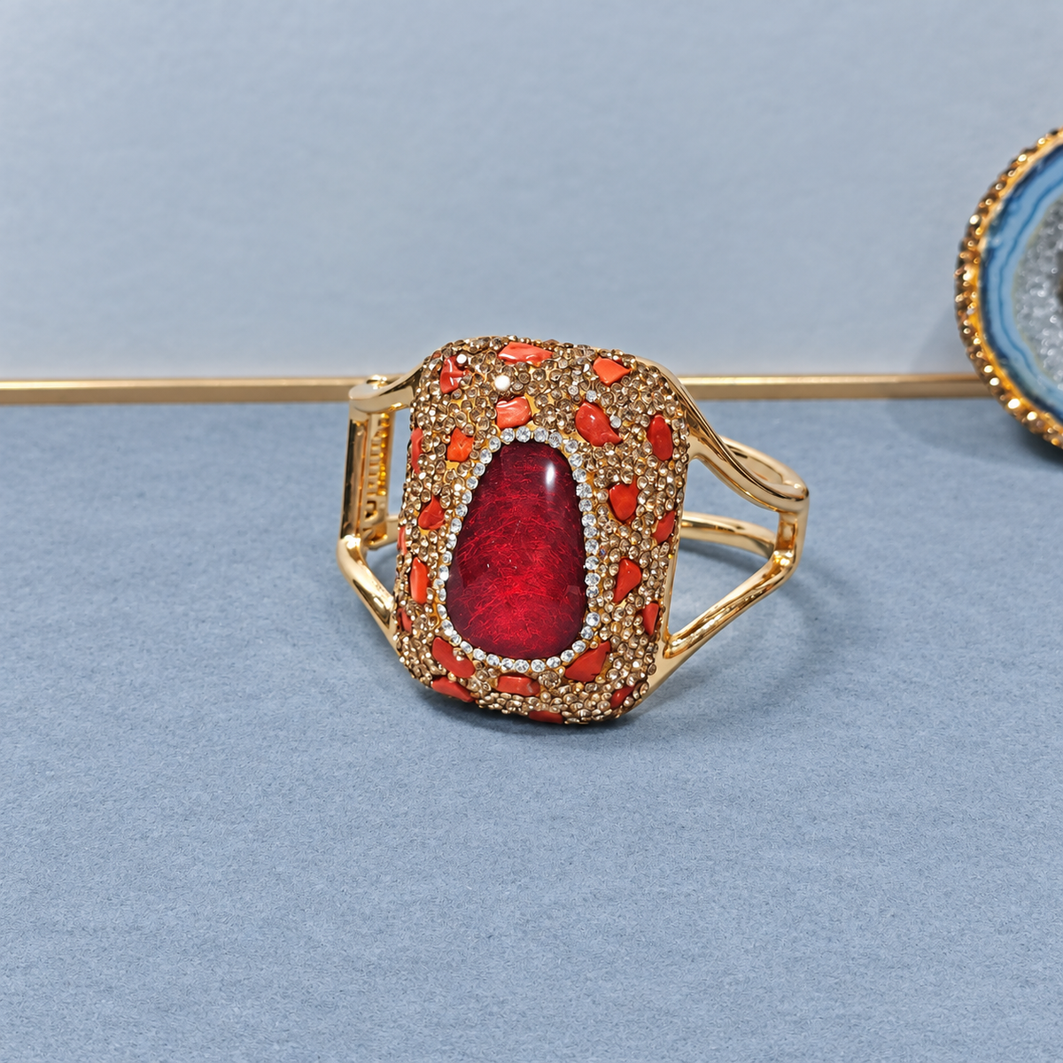 Bangle adorned with natural crystals and full rhinestones, sparkling statement piece