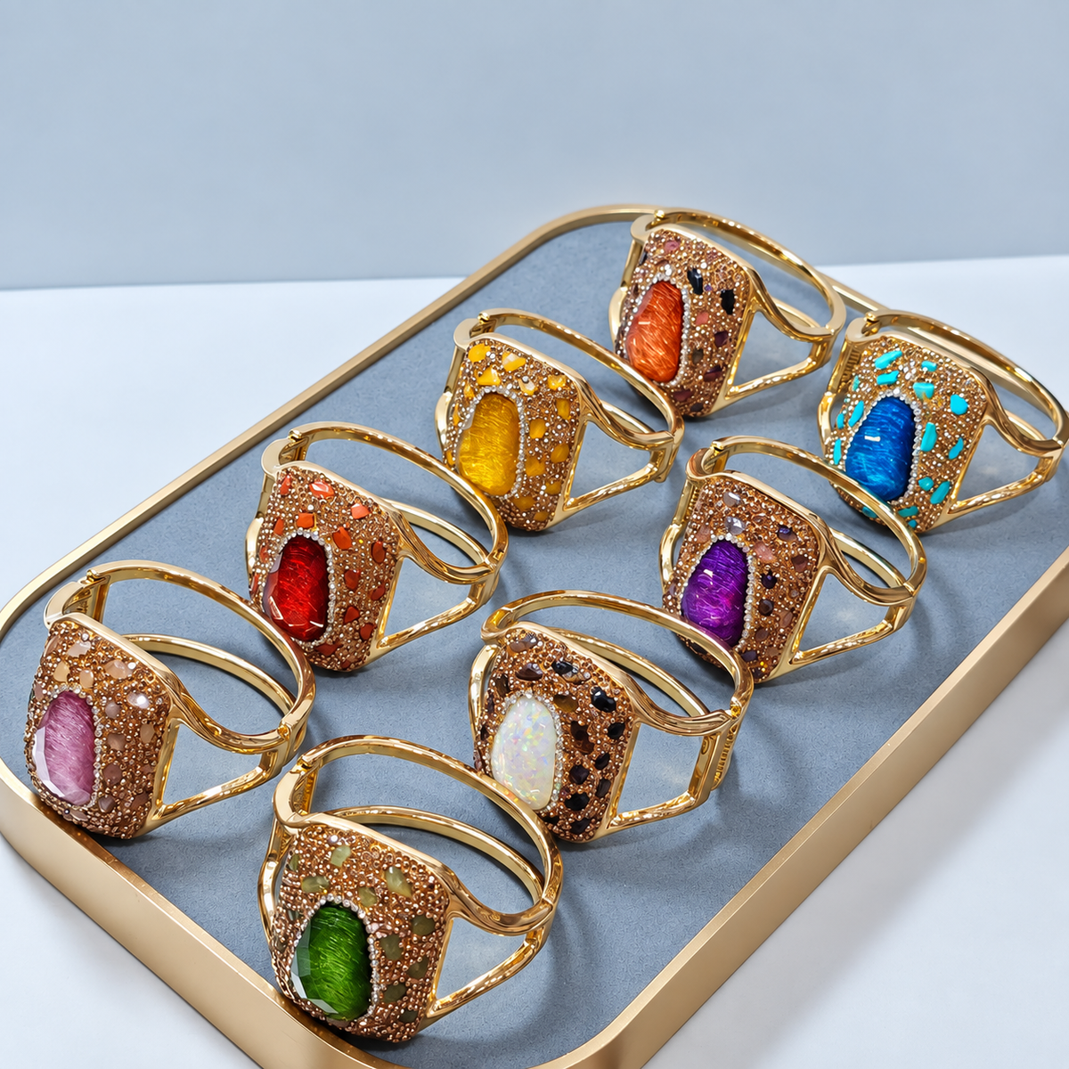 Bangle adorned with natural crystals and full rhinestones, sparkling statement piece