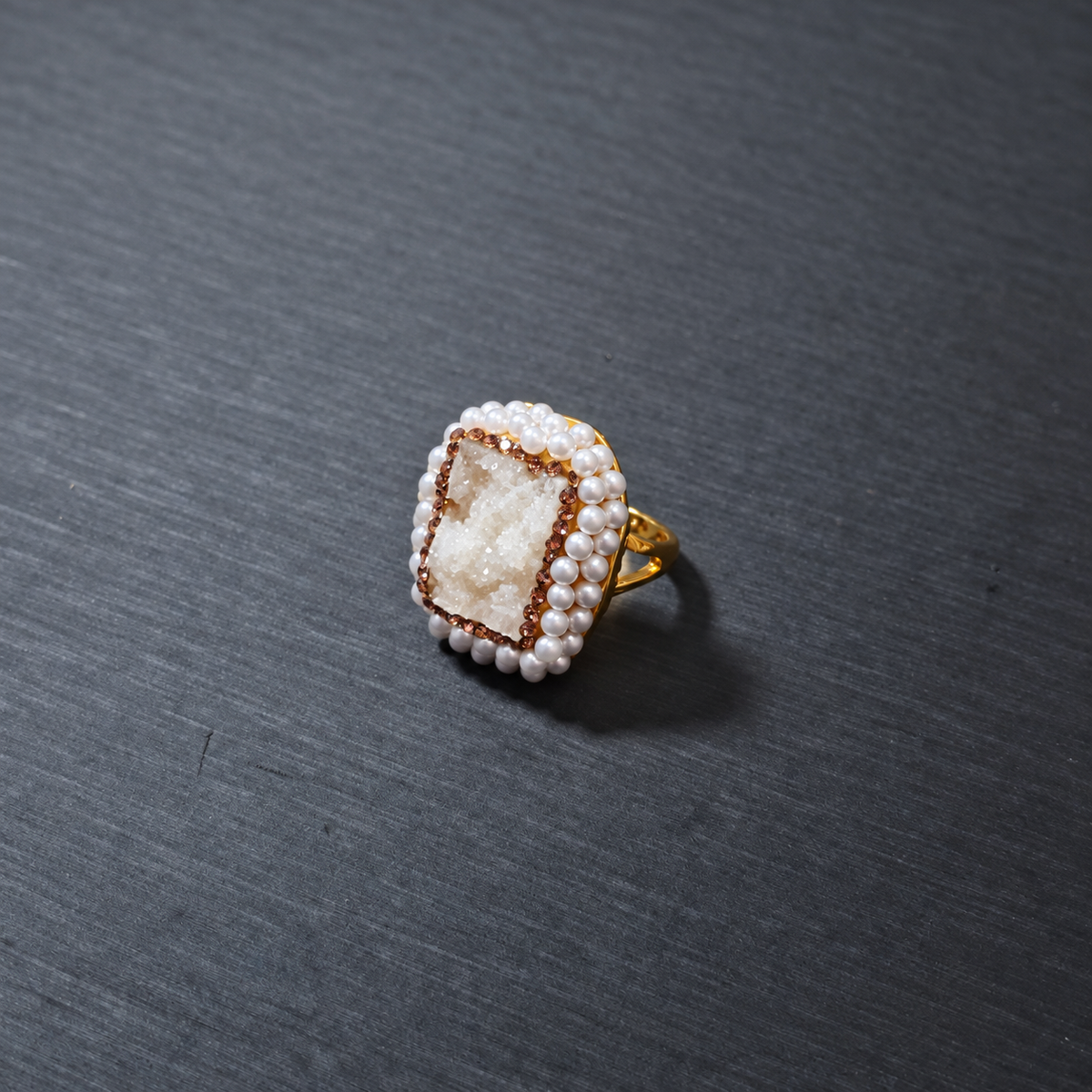 Natural Crystal Stone Rhinestone & Pearl Ring