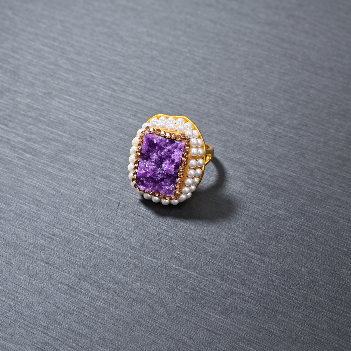 Natural Crystal Stone Rhinestone & Pearl Ring