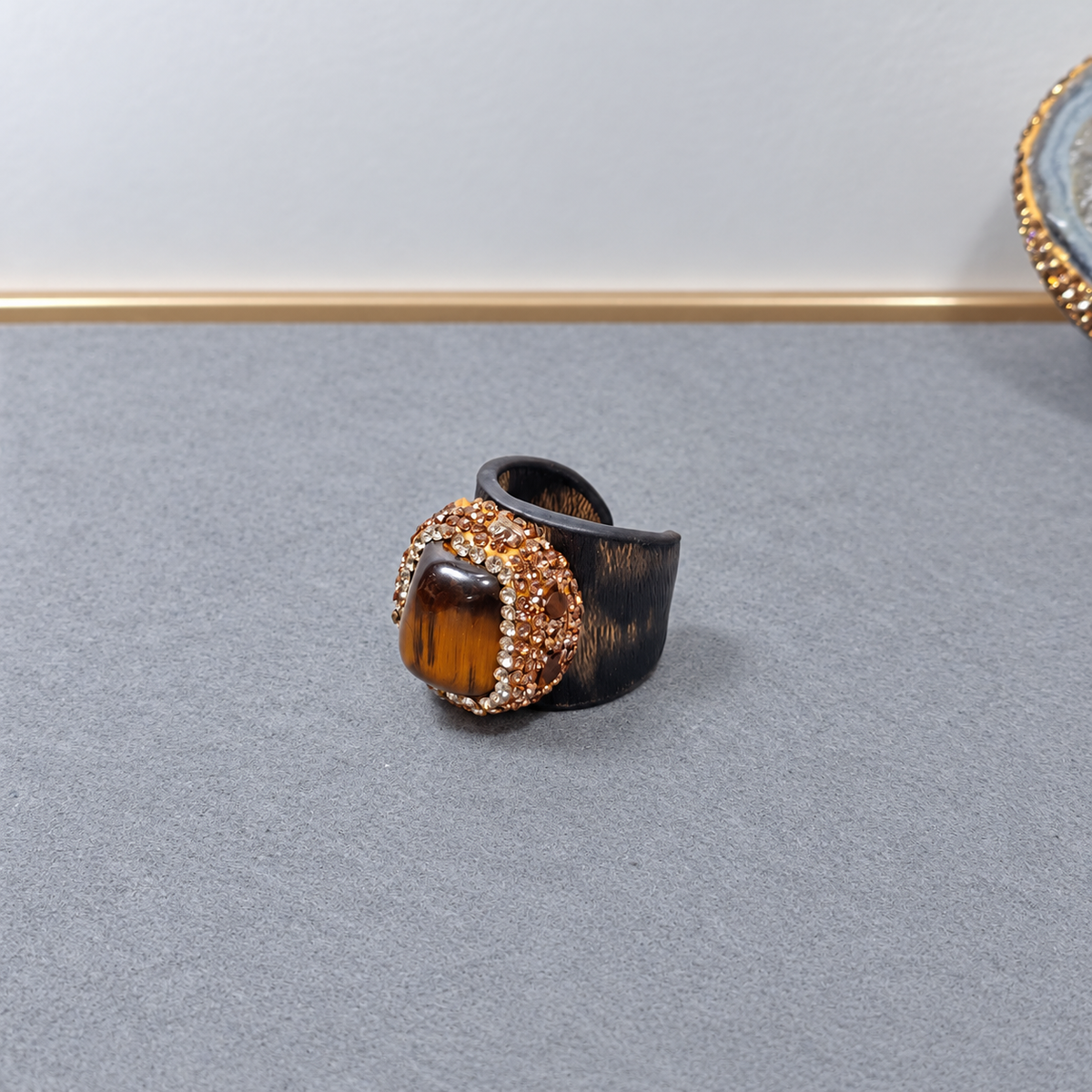 Leopard Print Leather Band Natural Crystal Full Rhinestone Statement Ring