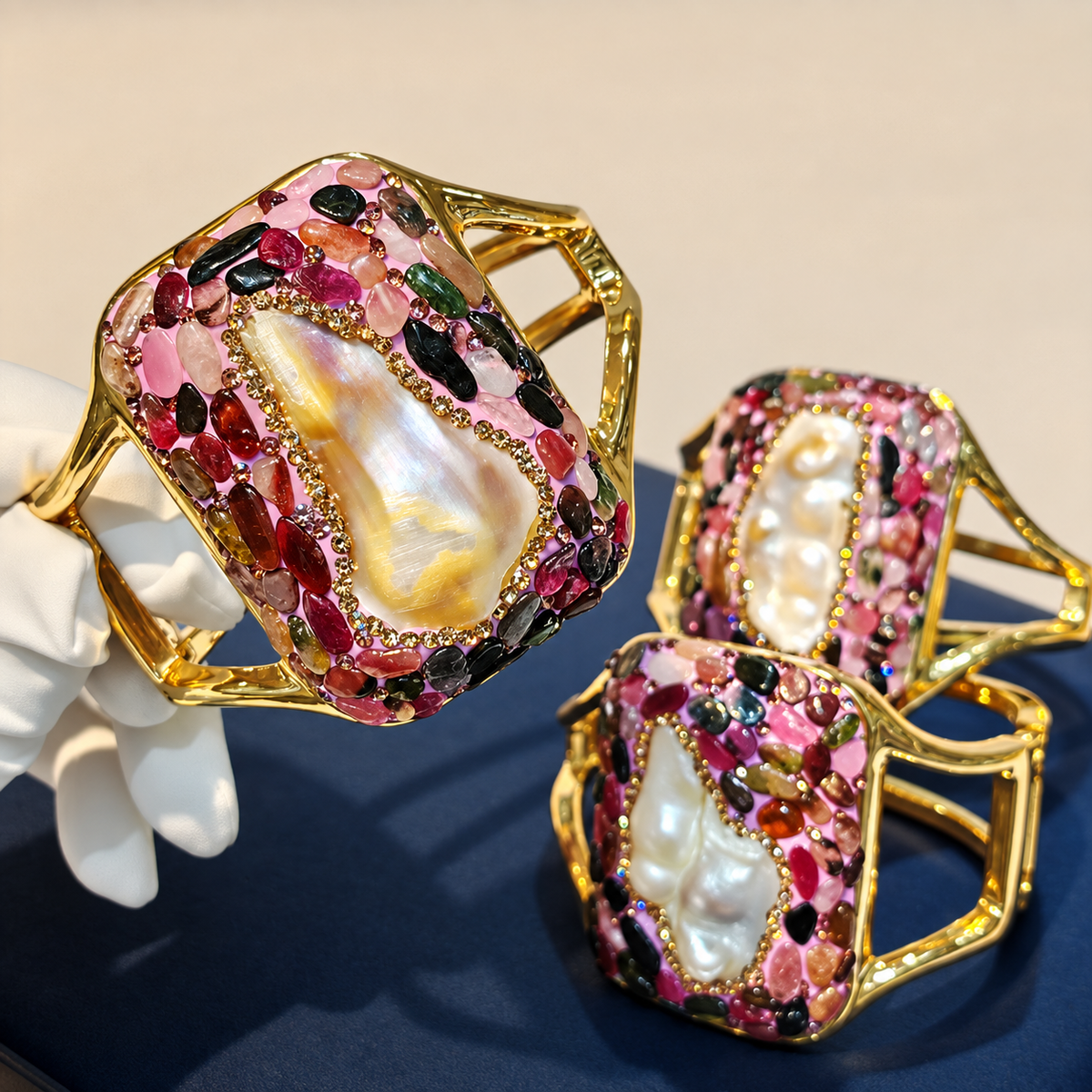 Baroque Pearl Multicolor Rhinestone Bracelet, Luxury Hand‑Inlaid Party Jewelry Bangle
