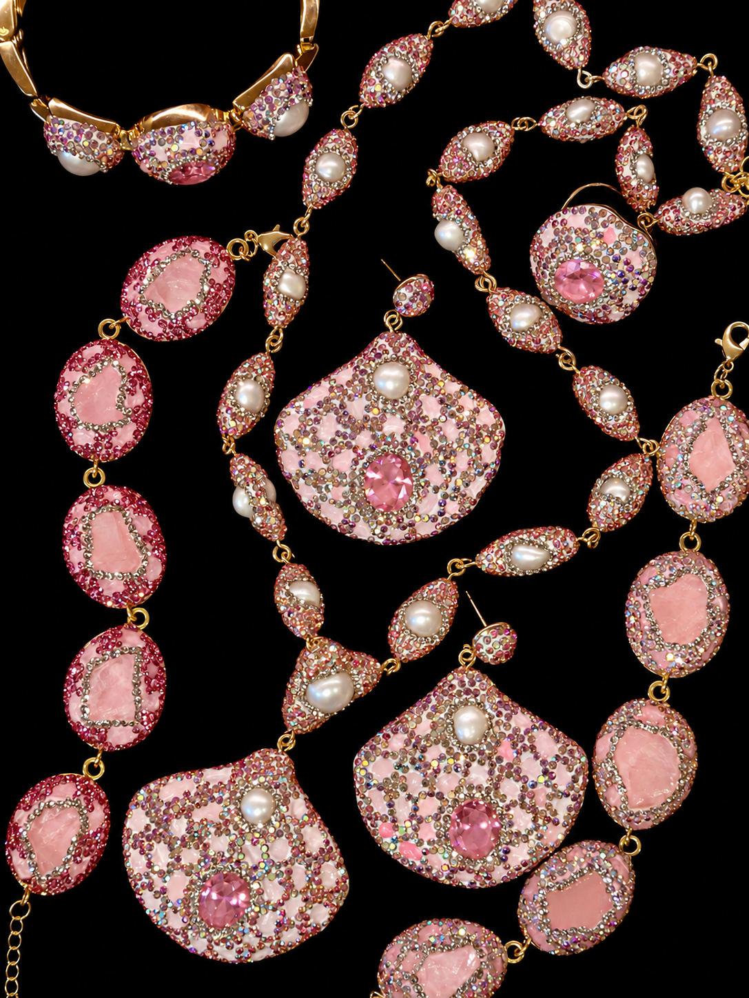 Natural Baroque Pearl Rhinestone‑Inlaid Crystal & Natural Stone 4‑Piece Jewelry Set