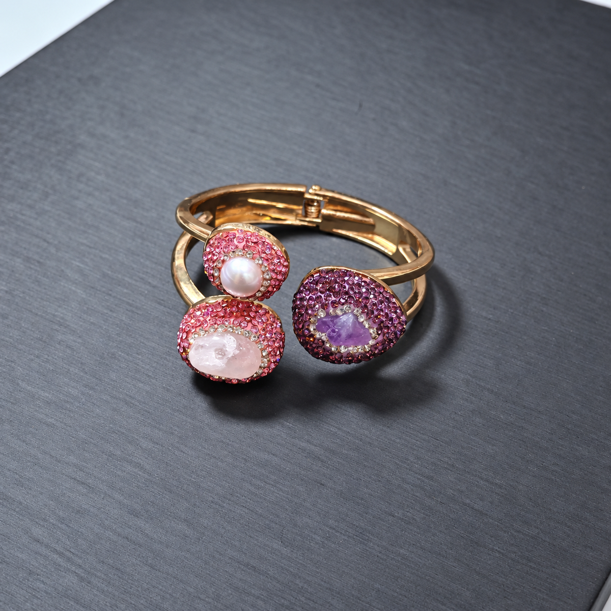 Copper Gold‑Plated Bangle Inlaid With Rough Natural Crystal & Rhinestones