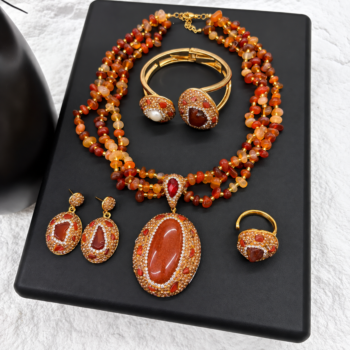 Wholesale Copper Gold‑Plated 4‑Piece Jewelry Set, Natural Stone Crystal Full Rhinestone Inlay, Necklace, Bangle, Earrings, Ring