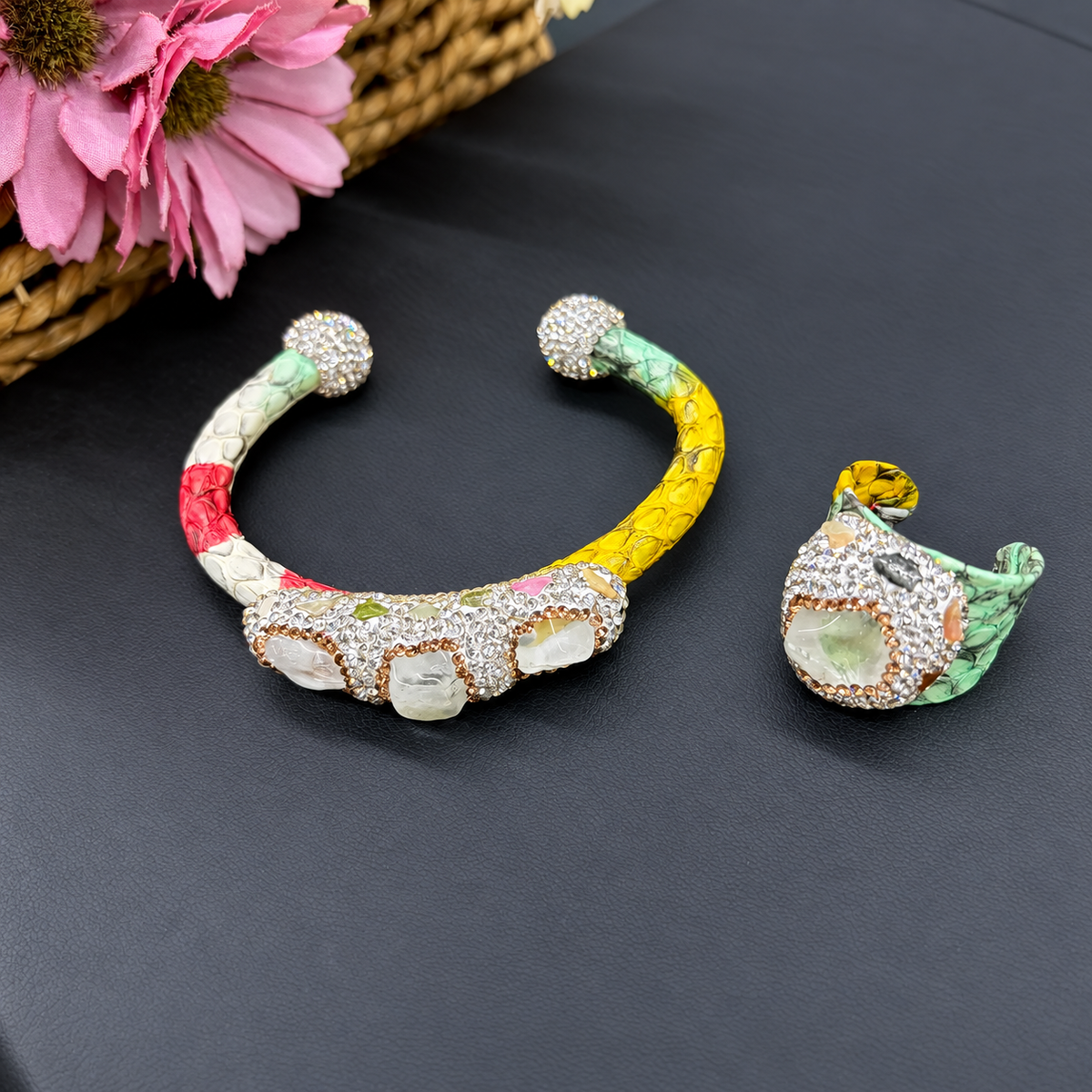 Crystal Rhinestone Copper Bangle & Ring 2‑Piece Set, High‑End Elegant Adjustable Open‑Cuff Jewelry, Eco‑Friendly Electroplated（副本）