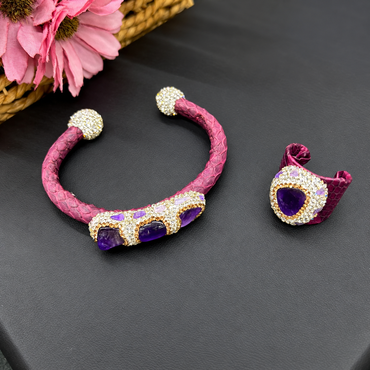Crystal Rhinestone Copper Bangle & Ring 2‑Piece Set, High‑End Elegant Adjustable Open‑Cuff Jewelry, Eco‑Friendly Electroplated（副本）
