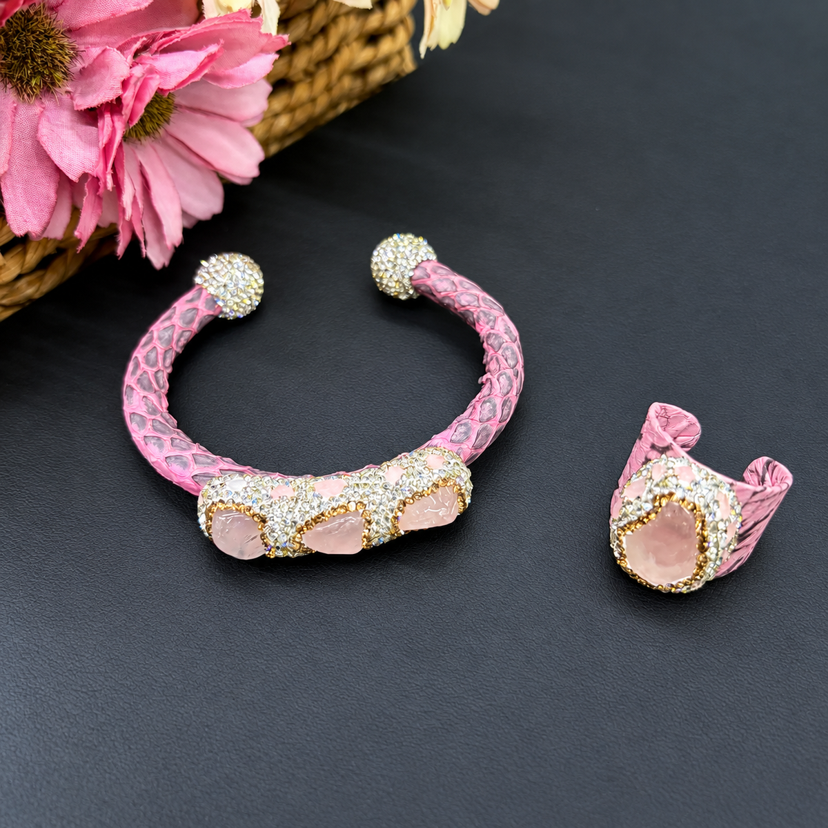 Crystal Rhinestone Copper Bangle & Ring 2‑Piece Set, High‑End Elegant Adjustable Open‑Cuff Jewelry, Eco‑Friendly Electroplated（副本）