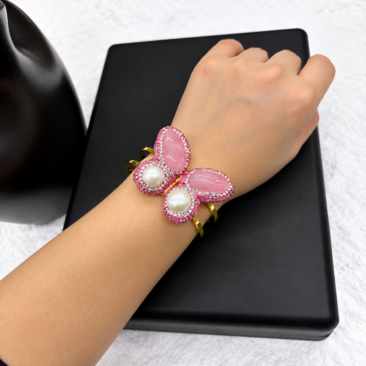 New Arrival, Copper Gold‑Plated Butterfly Bangle With Natural Crystal & Paved Rhinestones