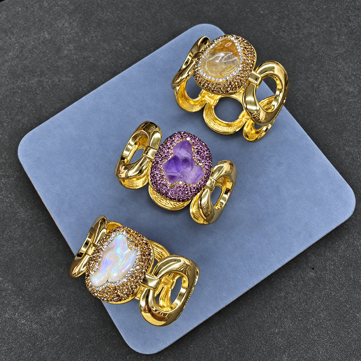 Copper Gold‑Plated Bangle With Natural Crystal & Paved Rhinestones